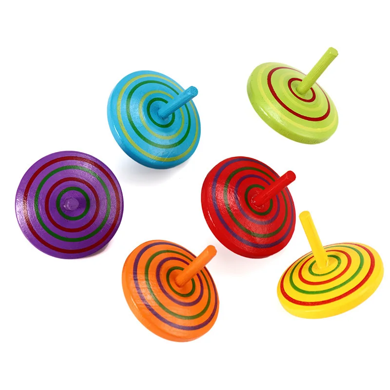 

hot sale classic kids early education mini rainbow multicolored colorful fun game wooden spinning tops toy for children