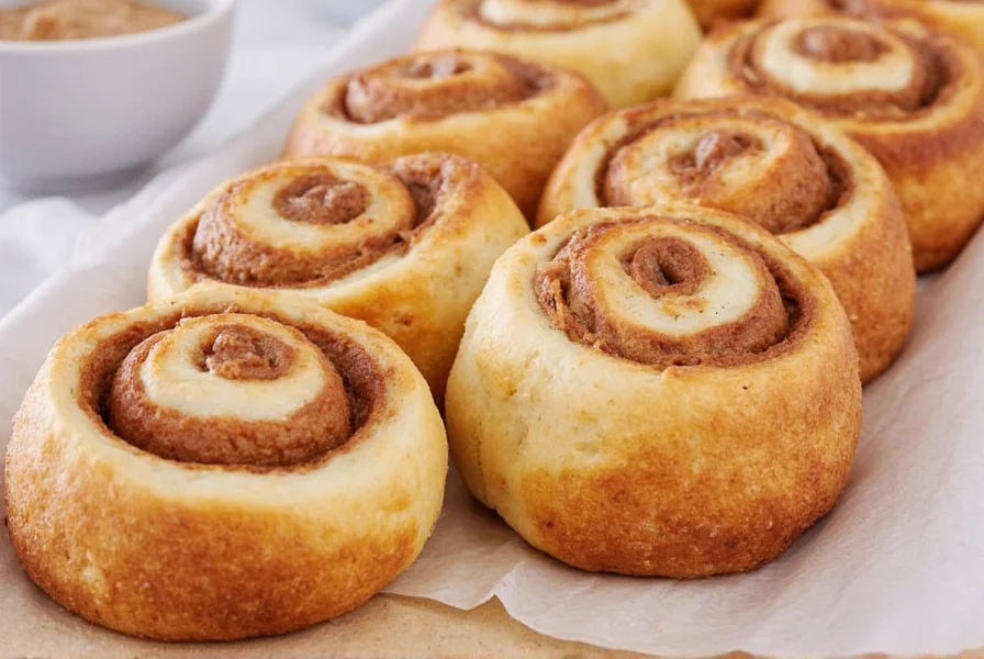 Professional photograph of golden-brown King Arthur cinnamon rolls with glossy vanilla icing dripping down the sides on a ceramic baking dish