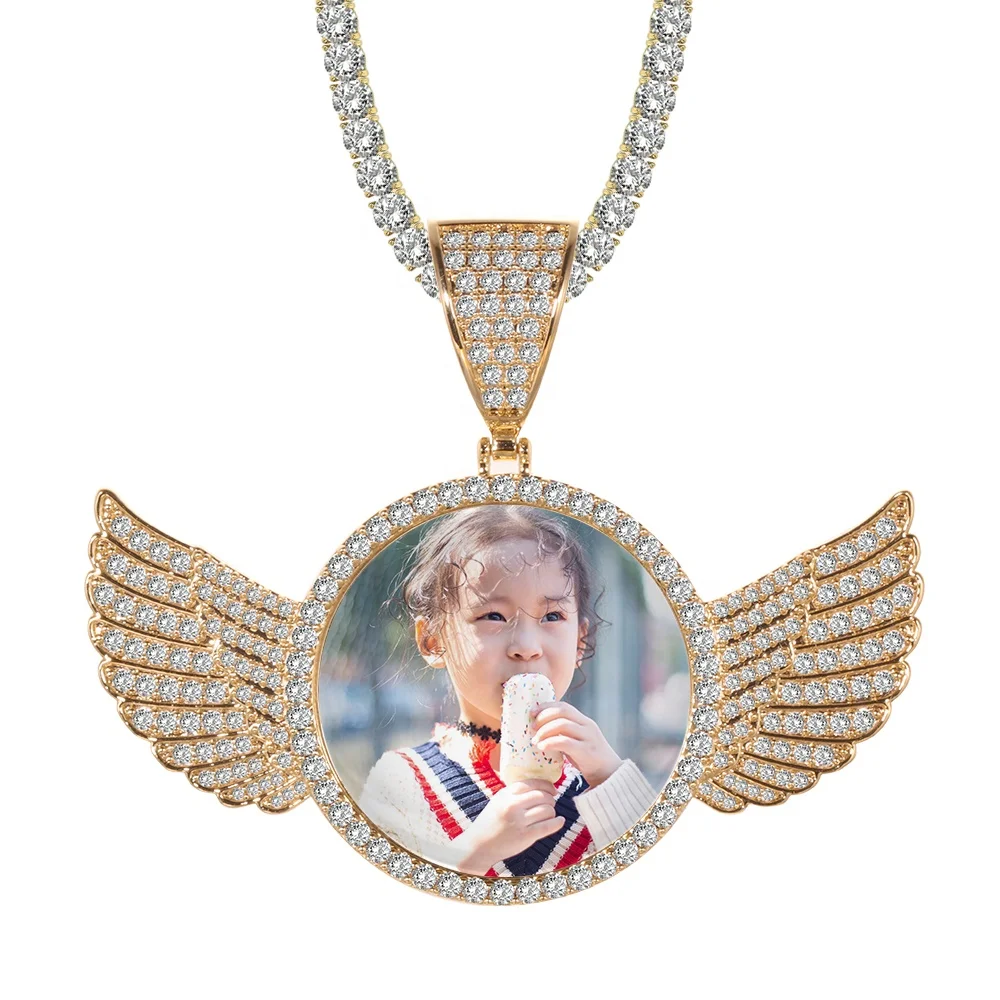 

Custom Sublimate Photo Memory Medallions Solid Angel Wings Pendant Necklace Hip Hop Jewelry Cubic Zirconia Chains Wings Necklace, Silver,gold/rose