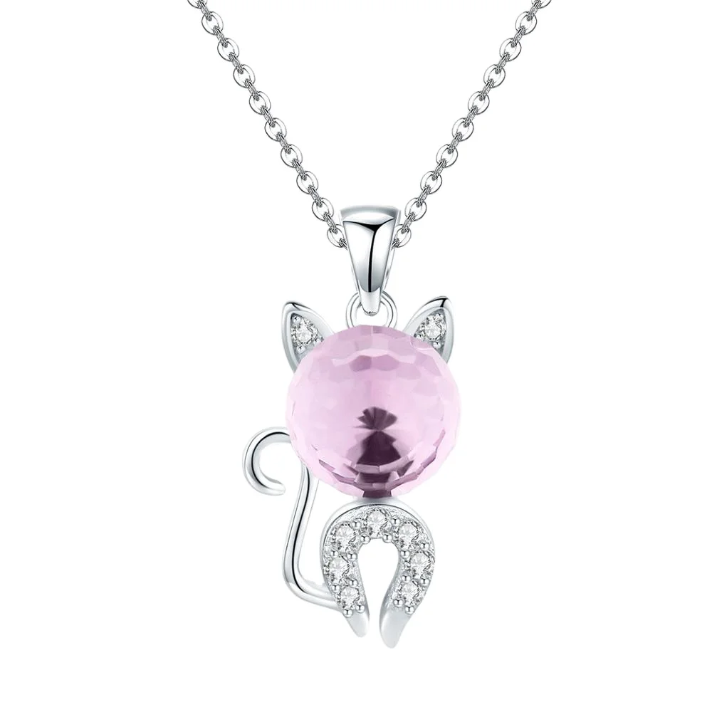 

Pink Rhinestone Cat Head Pendant 925 Sterling Silver Cat Charm Necklace