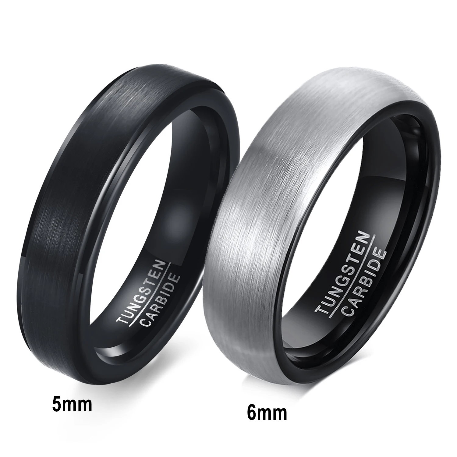 

High quality simple custom logo men tungsten steel matte brushed black finish beveled polished edge comfort fit 5mm black rings