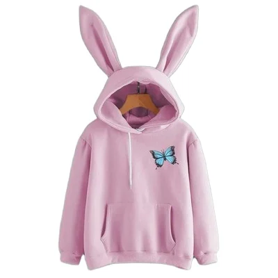 

Winter hoodies women new rabbit ears butterfly print hoodies cute long sleeve sweater fleece woman hoodies, As shown