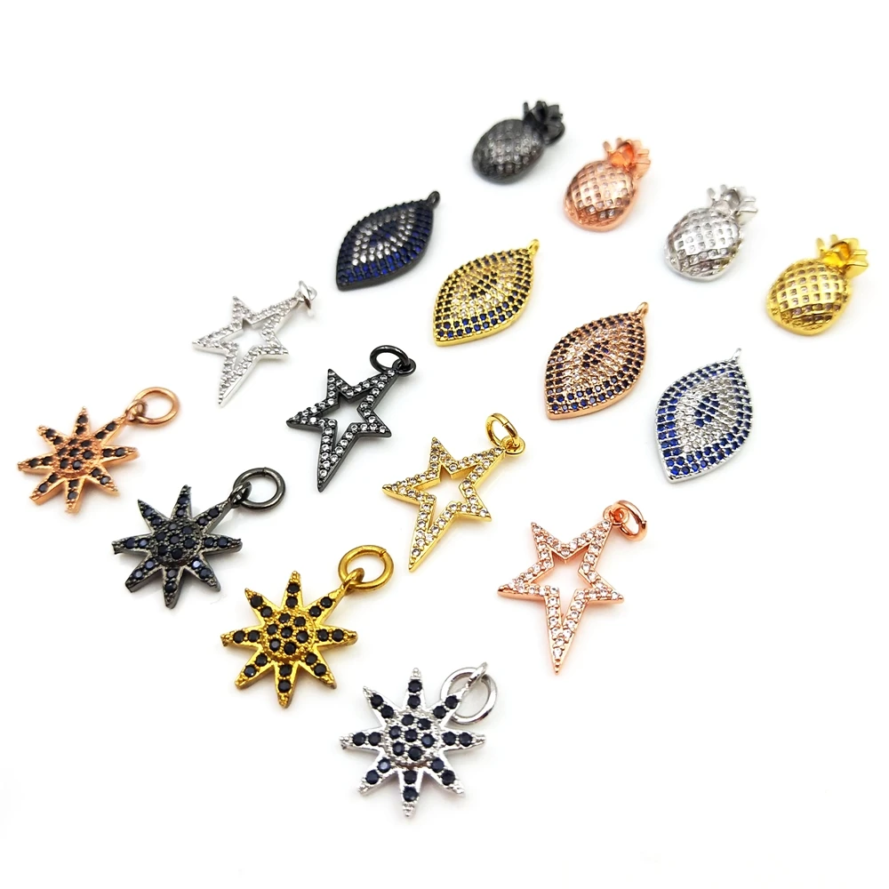 

Hot sales copper alloy accessories colorful mini eye shape pendants pineapple / eight star metal charms for DIY bracelet, Multi color