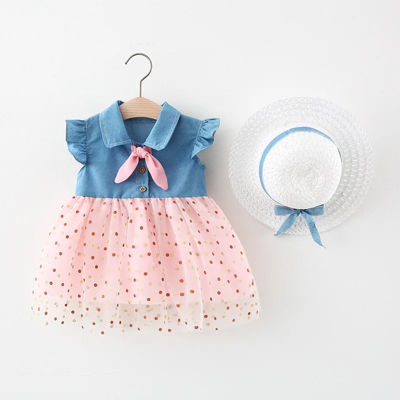 

new ribbon denim veil sleeveless skirt girl is covered with strawberry gauze veil to send straw hats, As picture