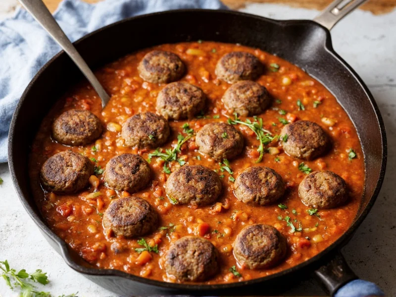 Homemade hamburger helper in cast iron skillet with fresh herbs