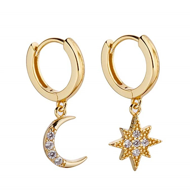 

2021 INS 925 Sterling Silver Star and Moon Shape CZ hoop earrings jewelry for women, Cubic zirconia