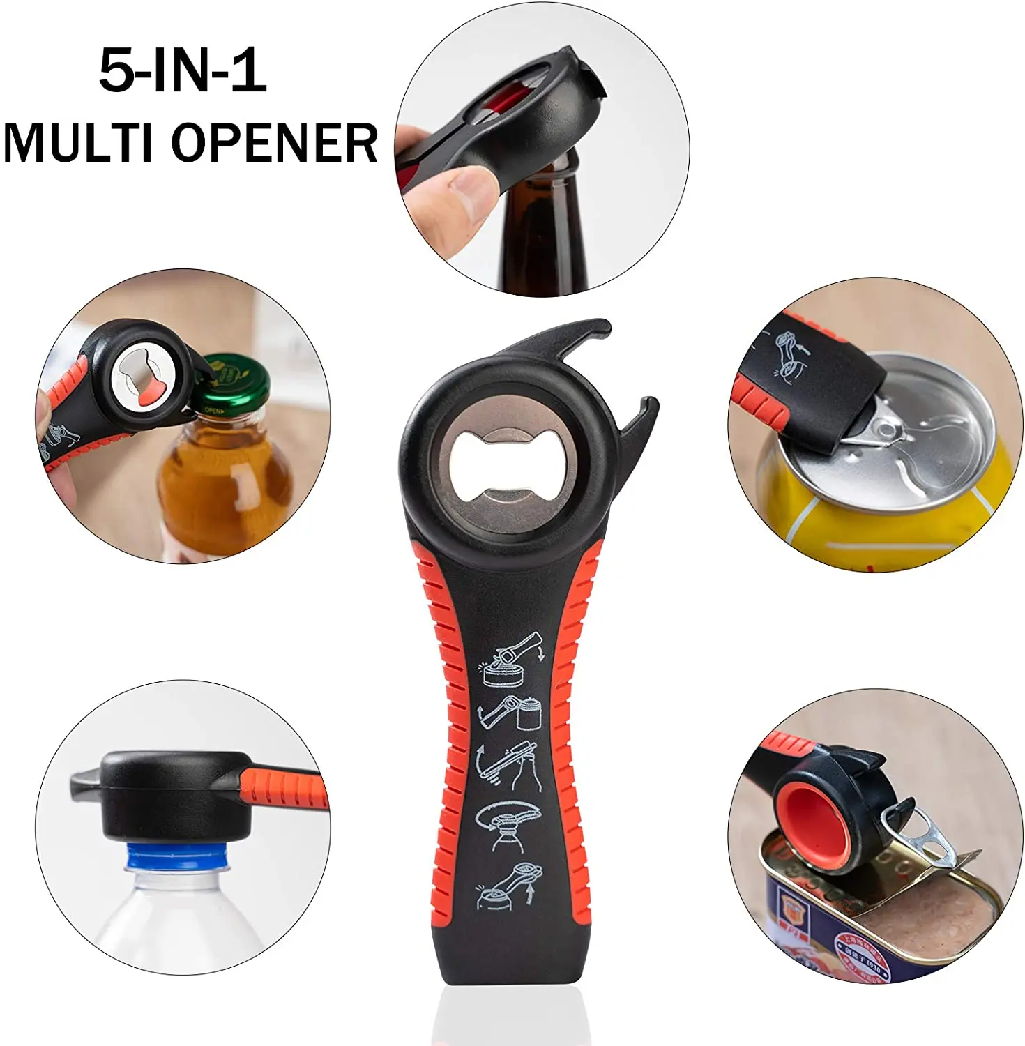 

Amazon Hot Selling Multi-Purpose 5-in-1 can jar beer bottle Opener gripper silicone handle can Opener Kitchen Tools