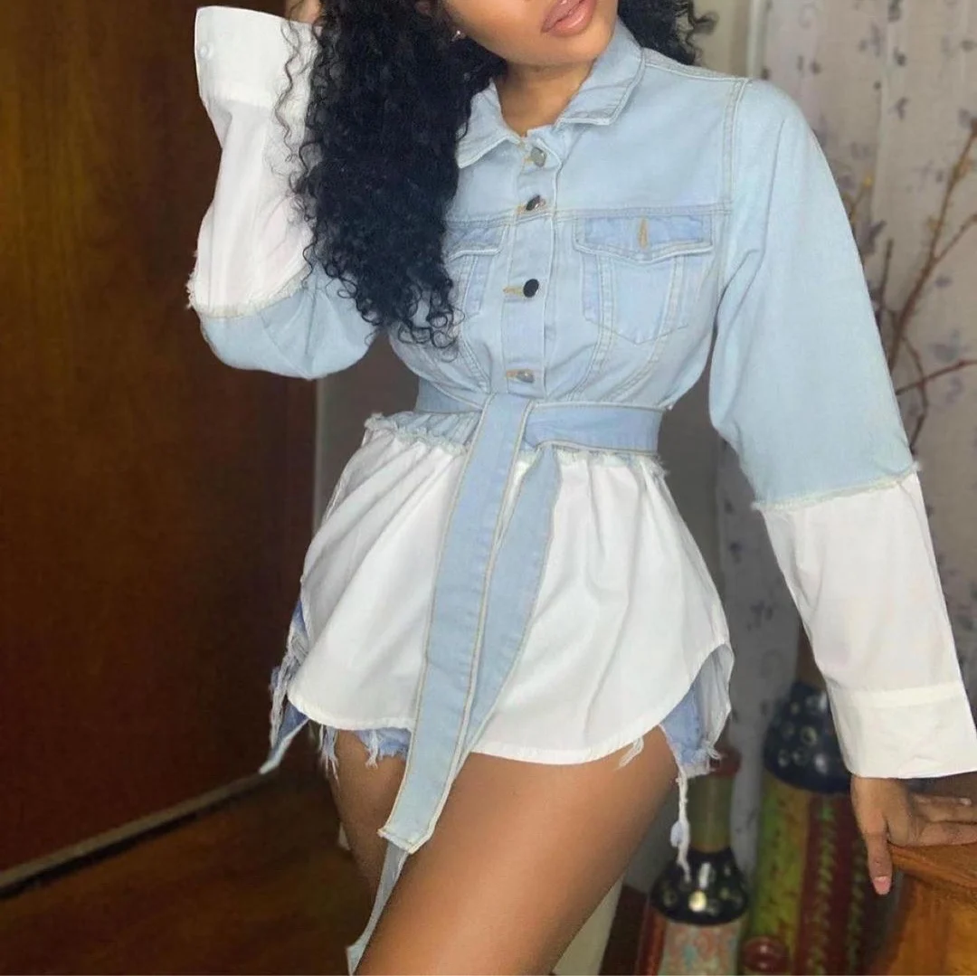 

2021 New Arrivals With Belt White Shirt Spliced Patchwork Women Jeans Shirts Denim Blouse Denim Shirt Women Blouse