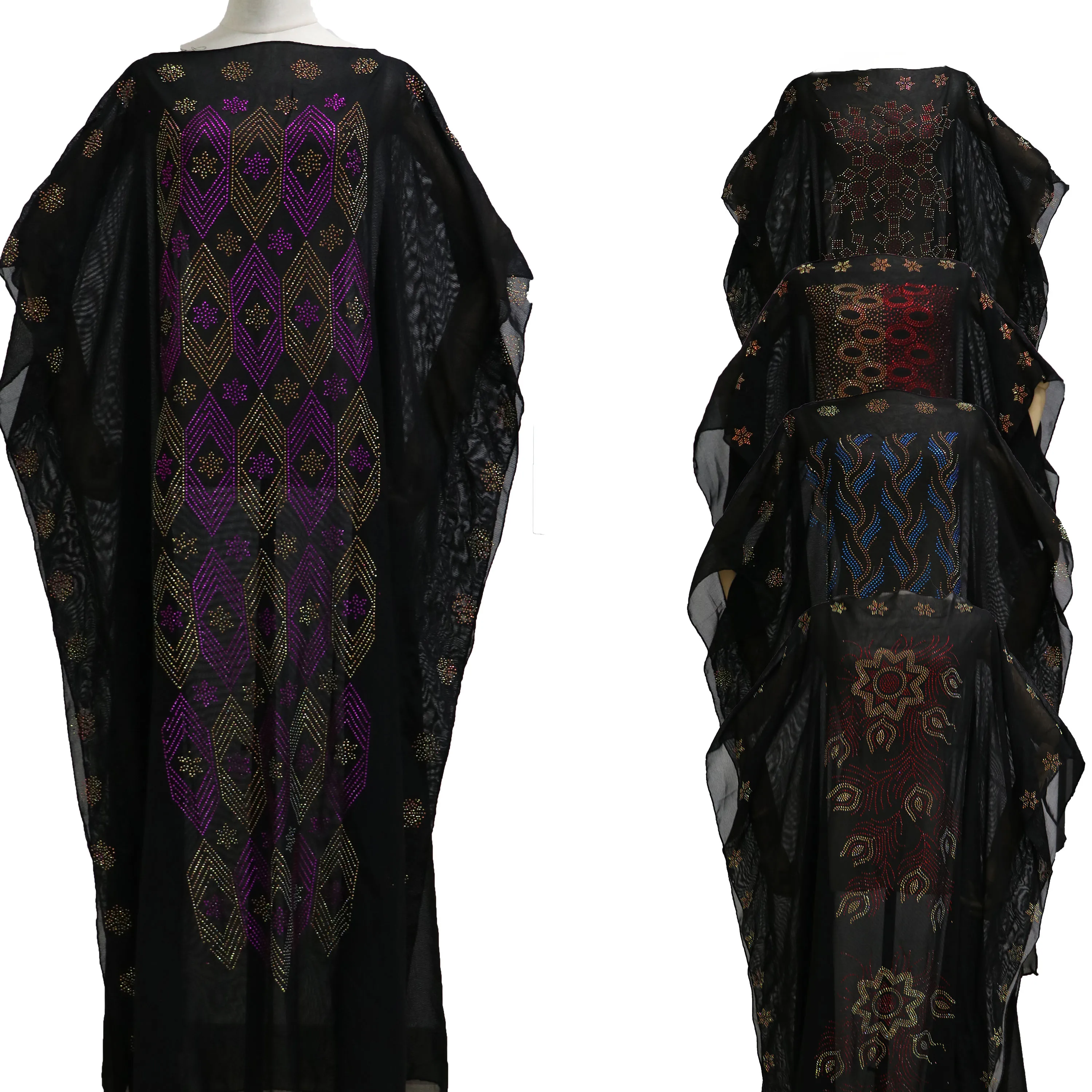 

OEM LOGO Custom Female Chiffon Batwing African Dresses Hot Drill Beading Dashiki Boubou African Abaya Dubai Muslim Dress Robe