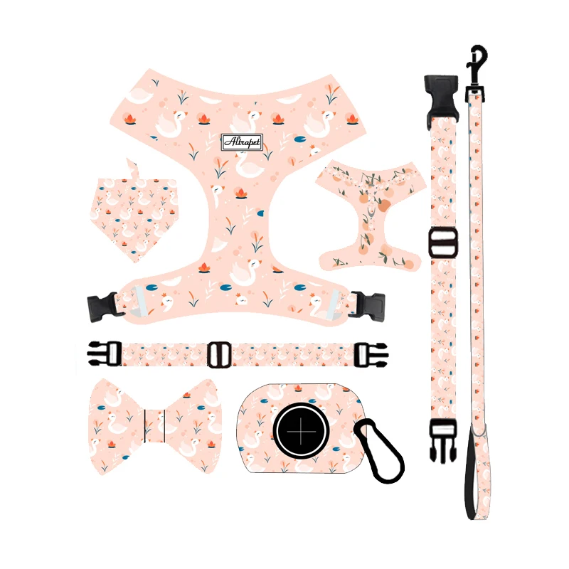 

Manufacturers Designer Custom Pattern Luxury Printed Mesh 2 in 1 Reversible Dog Harness Collar Leash Bandana Set, Custom your design