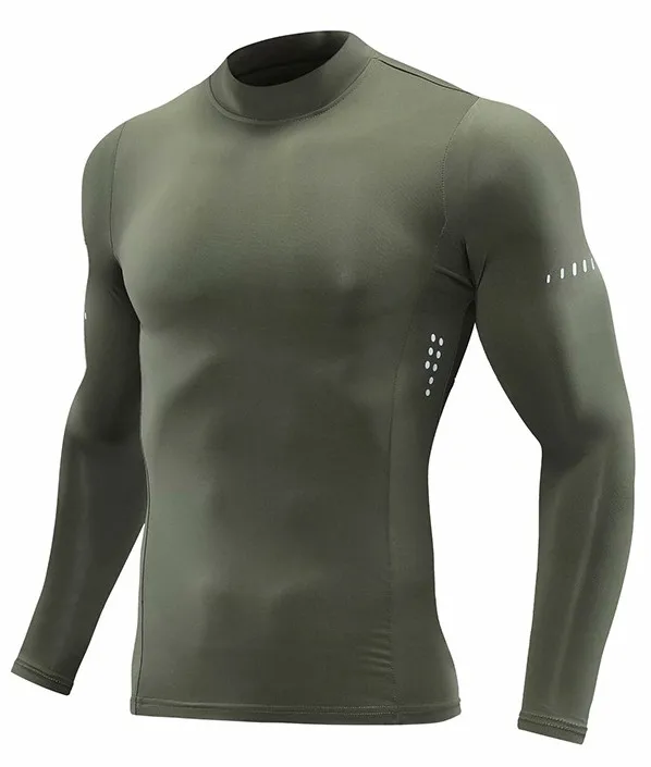 

Men's plain army green workout compression tops long sleeve mock neck t shirts