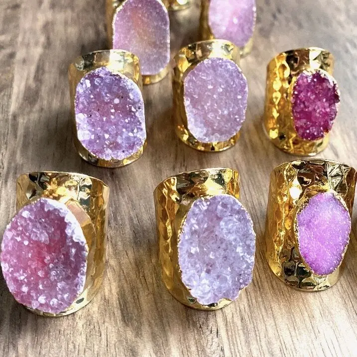 

BD-A1235 natural raw stone ring,raw crystal boho druzy wide band ring,pink crystal cocktail gold cuff ring, Multi