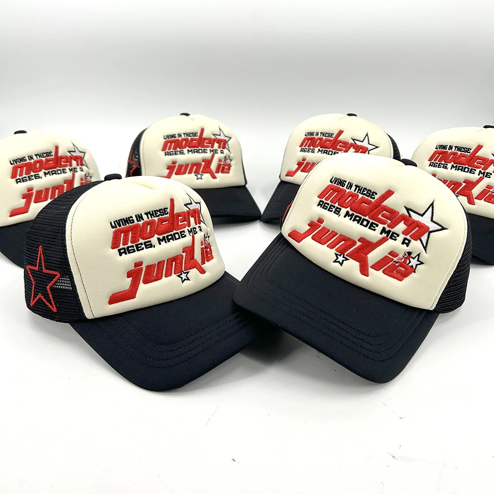 Custom Special Colors Trucker Hat Embroidered Logo 3D Powder Puff Printing Trucker Caps