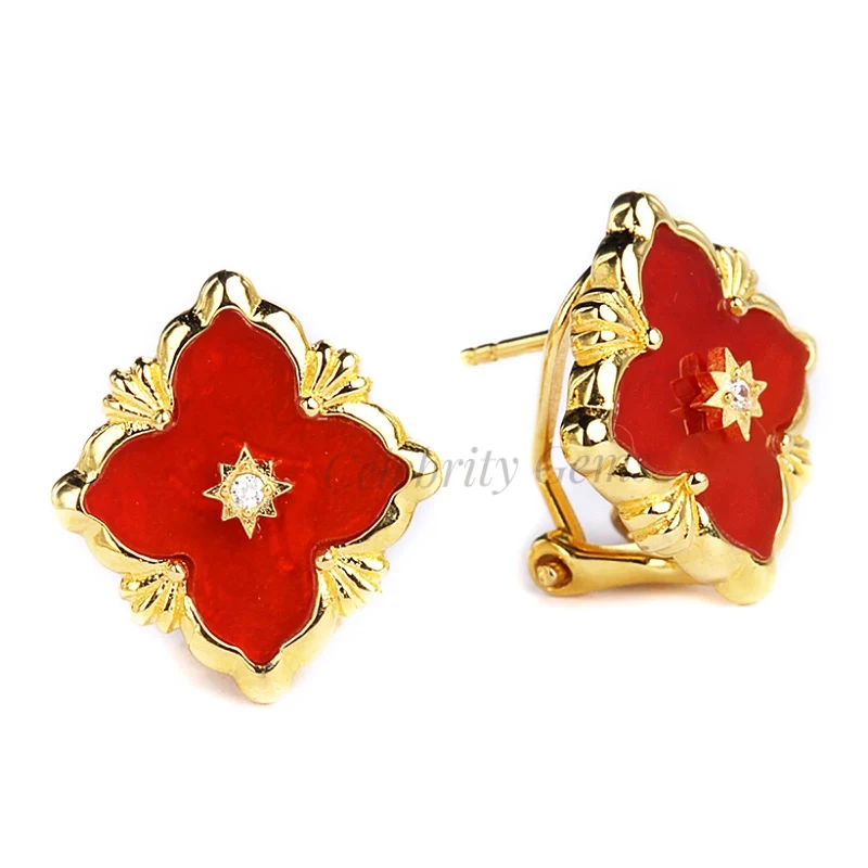 

Italian Four Leaf Clover Jewelry Red Agate 925 Sterling Silver Earrings For Women, White/black/red