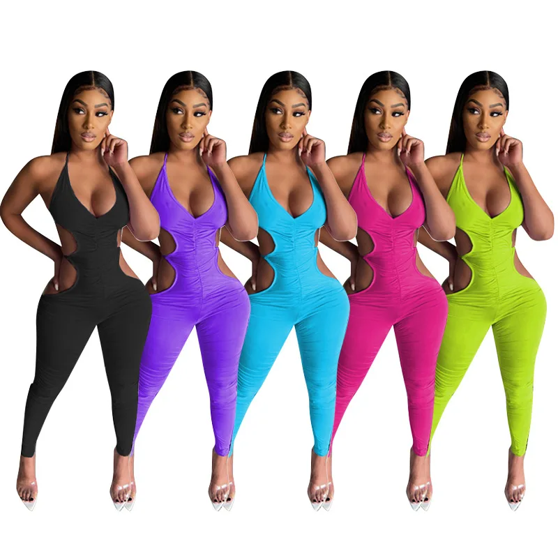 

Xuqing 2021 Wholesale casual halter hollow out bodycon jumpsuit backless bodysuits for women summer, Photo shows