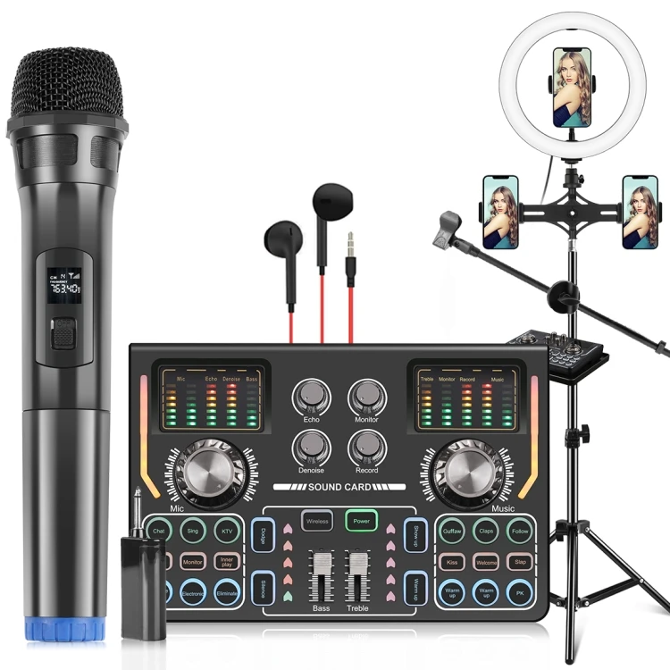 

New Release Podcast Microphone Live Sound Card Sound Board With Audio Mixer Voice Changer Audio Interface, Black