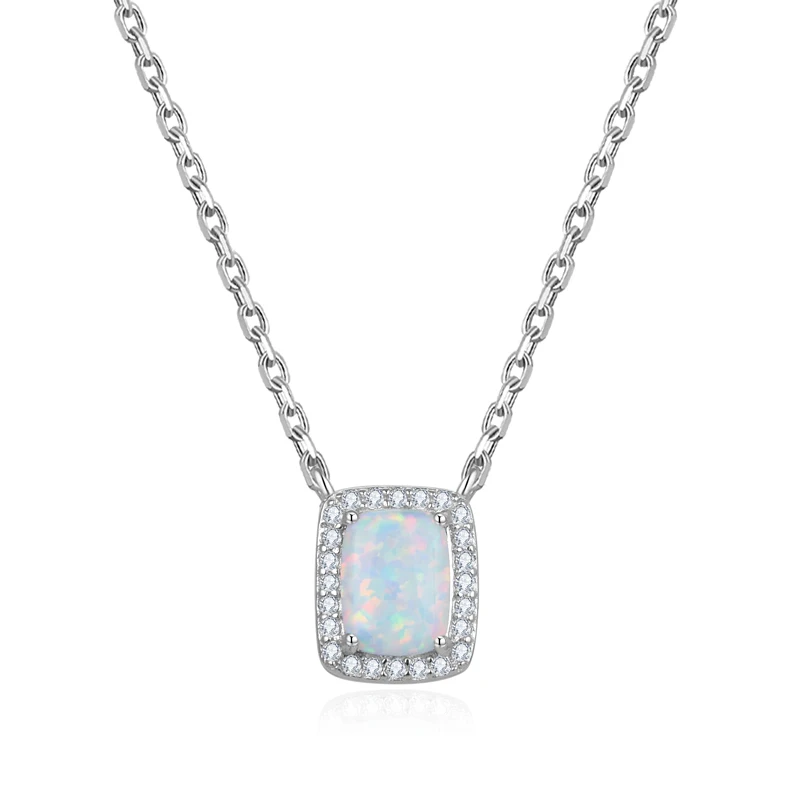 

Sterling Silver Created White Opal Necklace Cubic Zirconia CZ Jewelry Artificial Rectangle Cut Birthstone Pendant Necklace