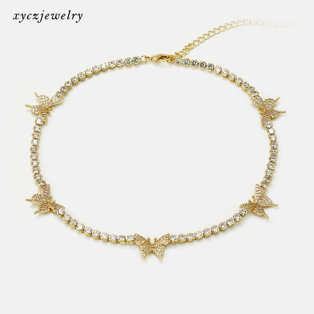 

Luxury brass white cz 5 butterflies pendant tennis chain butterfly necklace
