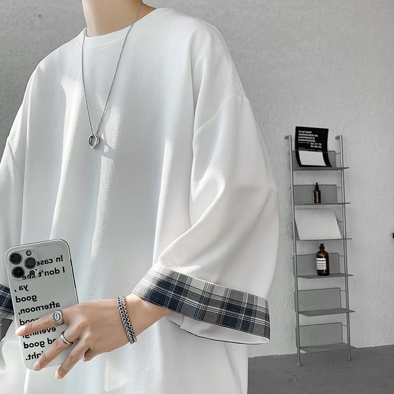 Spring Summer Men's T-shirts Women Oversized 2xl Korean Style Loose Plaid T-shirt Casual Seven Sleeves T-shirt Male White