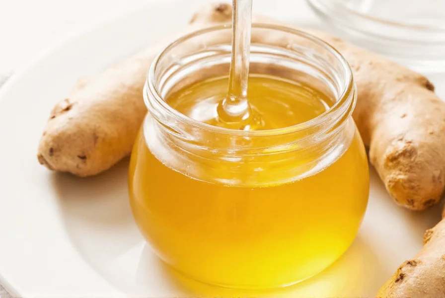 Raw honey and fresh ginger root ingredients for natural remedy preparation