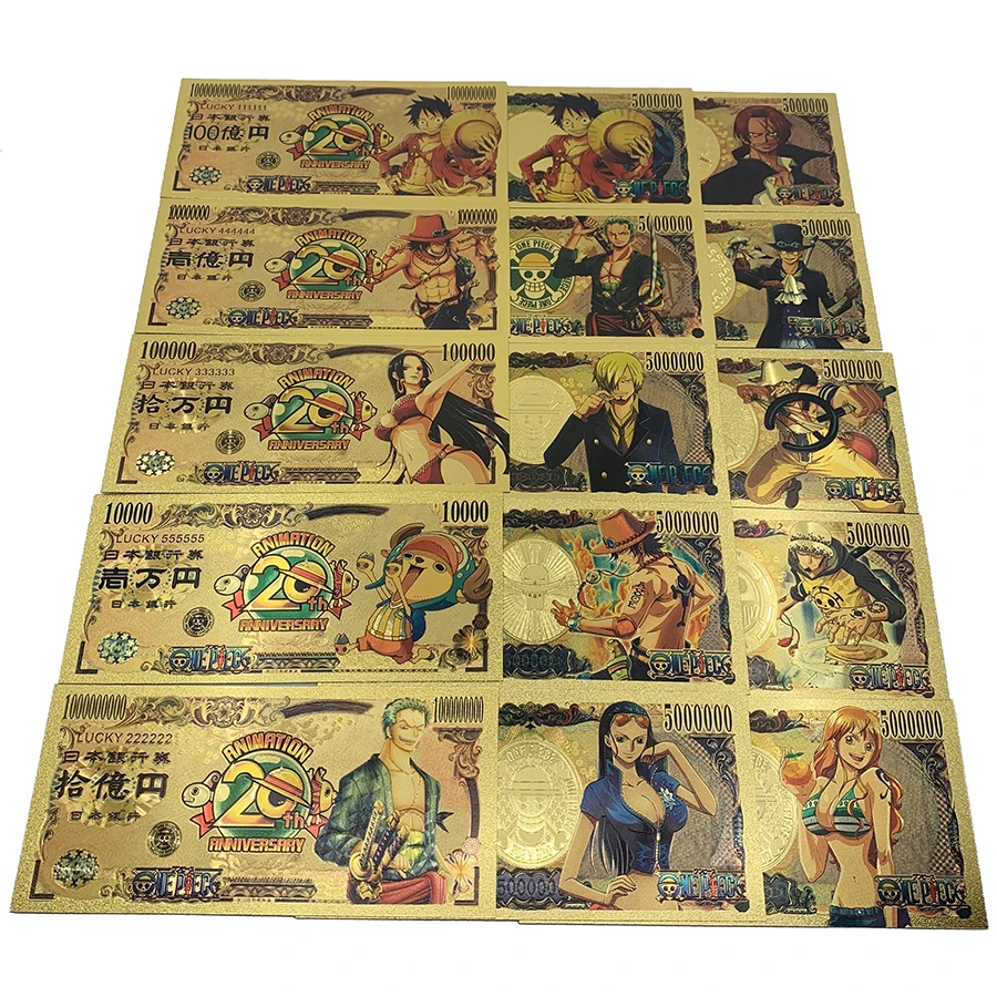 

20types Japanese Anime One Piece Gold Foil plastic Banknote Monkey D Luffy Sanji Nico Robin Nami Sabo Shanks plastic cards gift