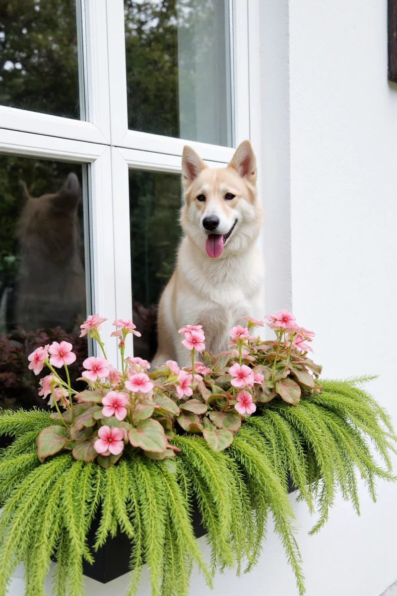 Exterior window planter with cat lounging nearby