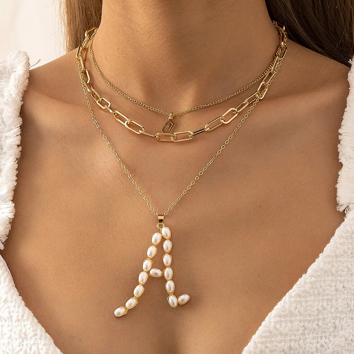 

OUYE Simple letter A inlaid pearl necklace female retro hip-hop ins wind geometric multi-layer chain clavicle chain necklace, Color