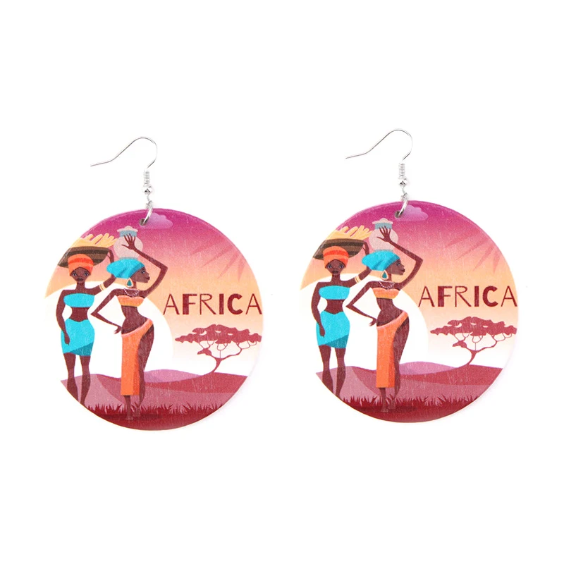 

2020 Ethnic Black African Map Earrings Round Afro Woman Queen Flower Painted Wood Earring For Women//, Picture