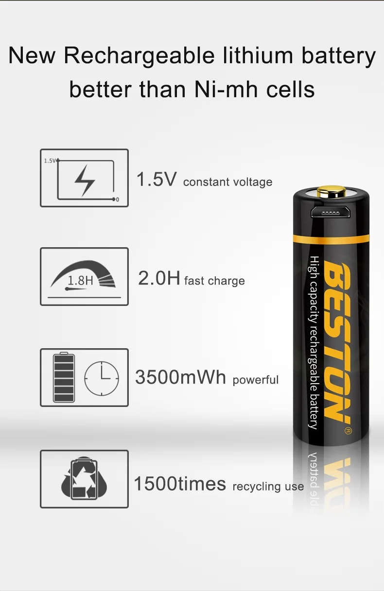 Beston 1.5v Lithium Battery Cell 3500mwh Long Lasting Usb Rechargeable Double A Liion Batteries
