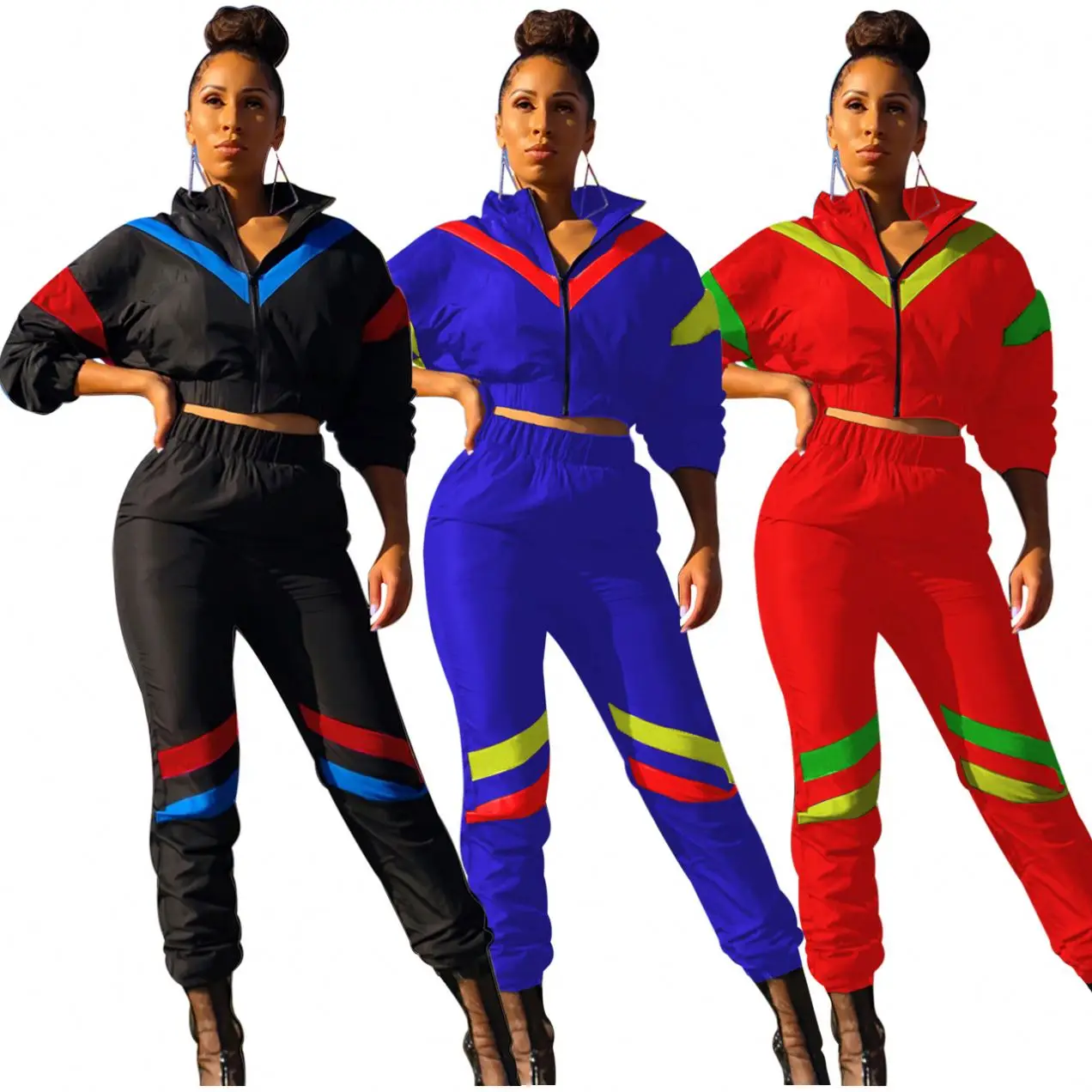 

Windproof Coating Fabric Color Blocking Patchwork 2 Piece Jogger Sport Set Fashion Women Waterproof Tracksuit, As photo showed