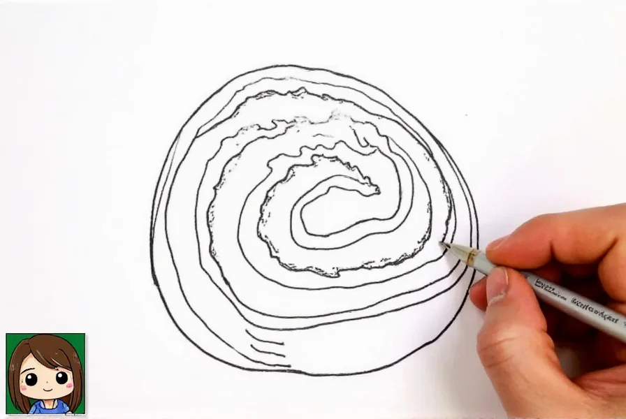 Detailed close-up of shading techniques for cinnamon roll drawing showing spiral pattern, icing texture, and shadow placement