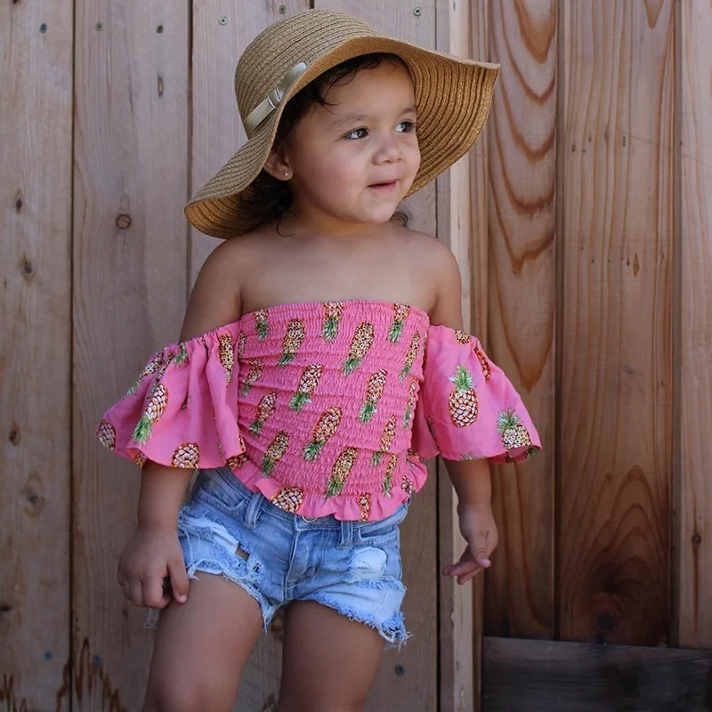 

Springway Wholesale Fashion Ruffle Sleeve Pineapple Print Denim Shorts Two Pieces Kids Children Cute Clothes For Baby Girl