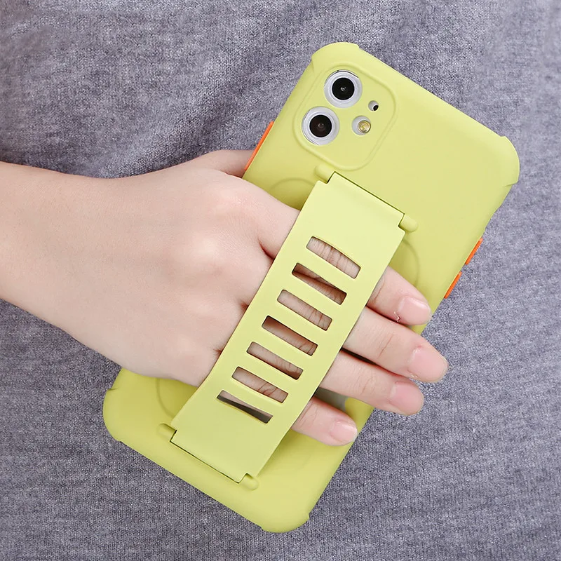 

Matte Candy Wrist Strap Hand Band Liquid Silicone Case for iPhone 12 Pro Max SE 2020 7 8 Plus X XR XS Wristband Stand Ring Cover, Red/green