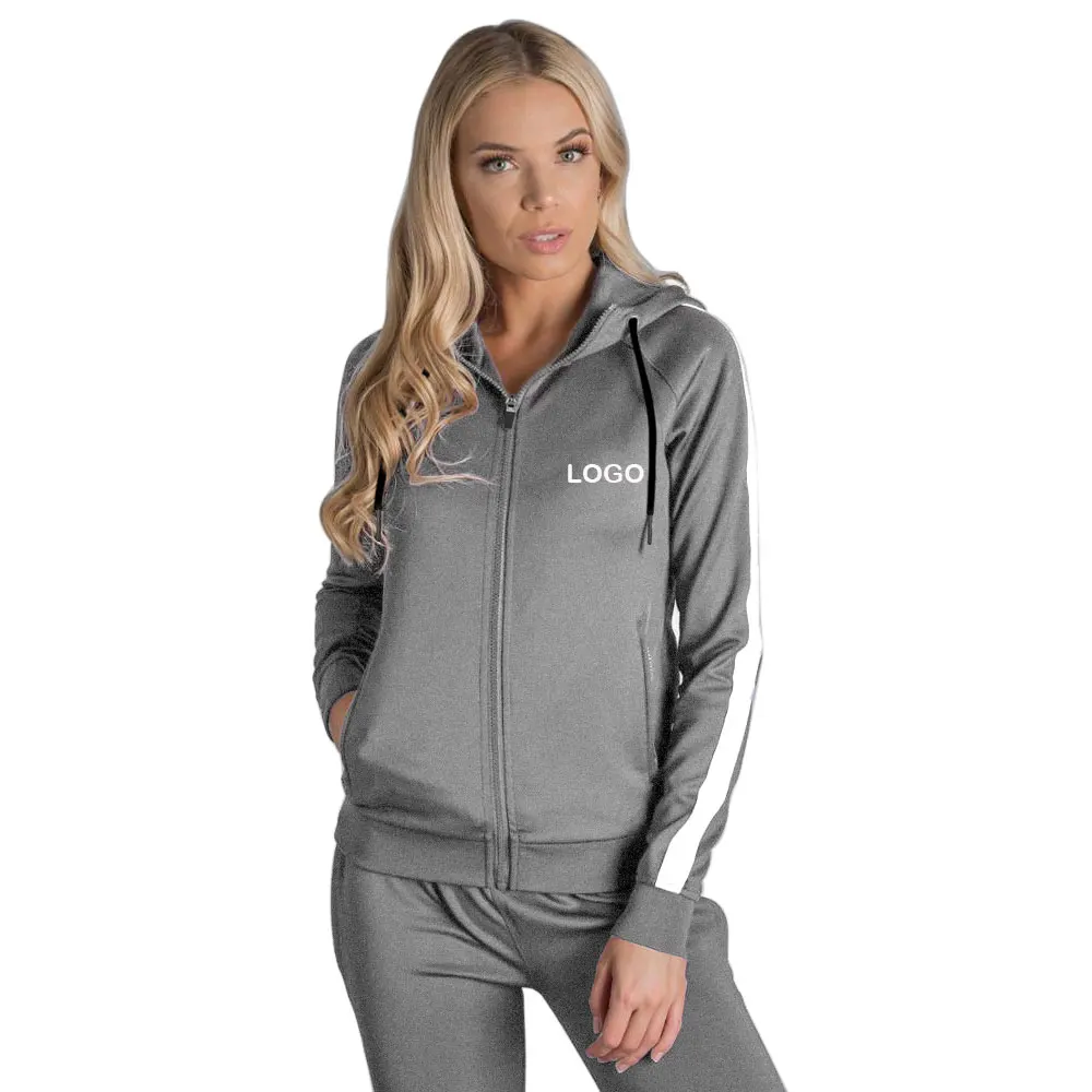 

Grey Plus Size Womens Sweat Suit Hoodie High Quality Blank Jogger 2 Piece Set Top Logo Custom Women Sweatsuit Set