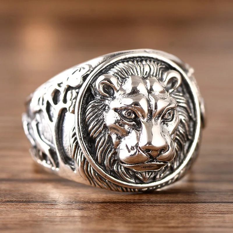 

Solid 925 Sterling Silver Mens Lion Ring Vintage Punk Rings For Men