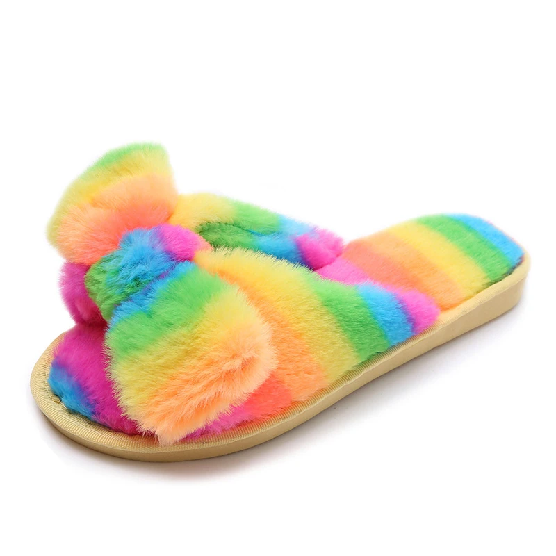 

Factory Wholesale Cheap Price Plus Size US11 Women's Cute Bowknot Plush Home Slides Soft Furry Candy Color Warm Bedroom Slippers