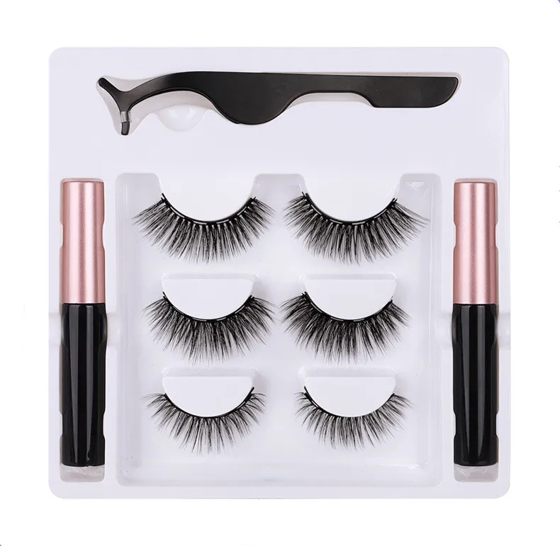 

2021 Hot Selling 3 Pairs 3D Mink Magnetic Eyelashes With Eyeliner Set, Black