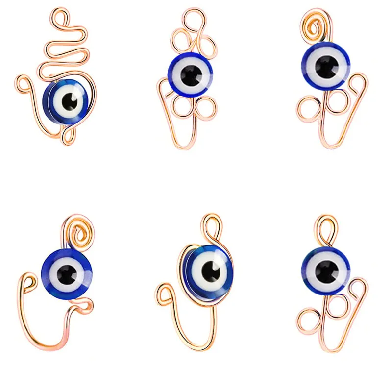 

NR-026 Jewelry Factory Handmade Nose Rings Bulk 6 Pcs Clip On Hoop Nose Studs Non Piercing Evils Eye False Nose Ring Cuffs, Gold, rose gold and silver color