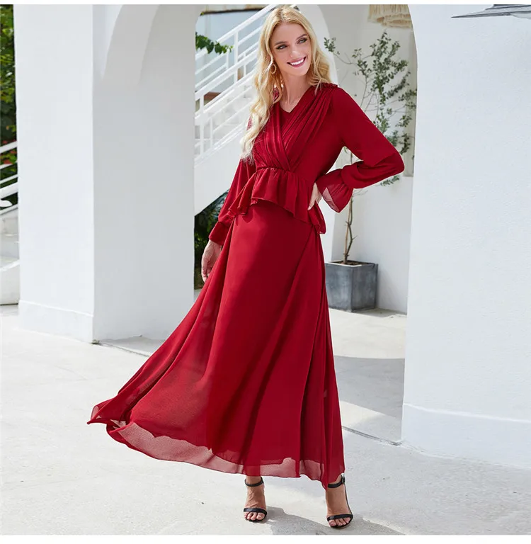 

GH-H006 Ins Double Layer High Density Pearl Chiffon Wine Red Summer Fashion Evening Party Women Clothes Dresses Muslim Islamic