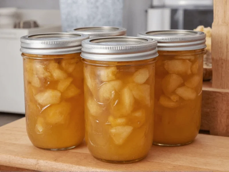 Canning jars with homemade apple pie filling on kitchen counter