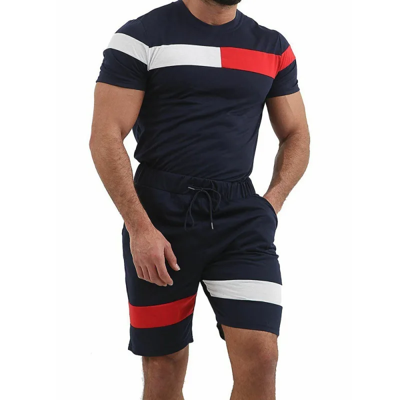 

Wholesale Summer Men Sportswear Short Sleeve T Shirt Shorts Splicing Casual Men Clothing Two Piece Set Breathable, Multiple colors