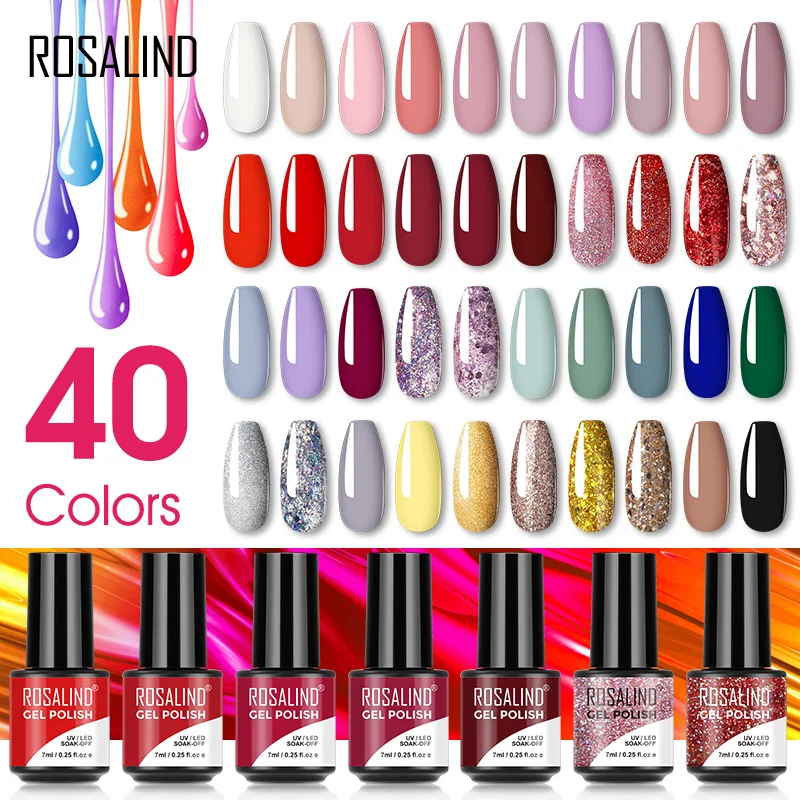 

Rosalind nail supplies factory price custom logo oem gel varnish nail lacquer uv/led lamp 40 colors gel polish for nail art