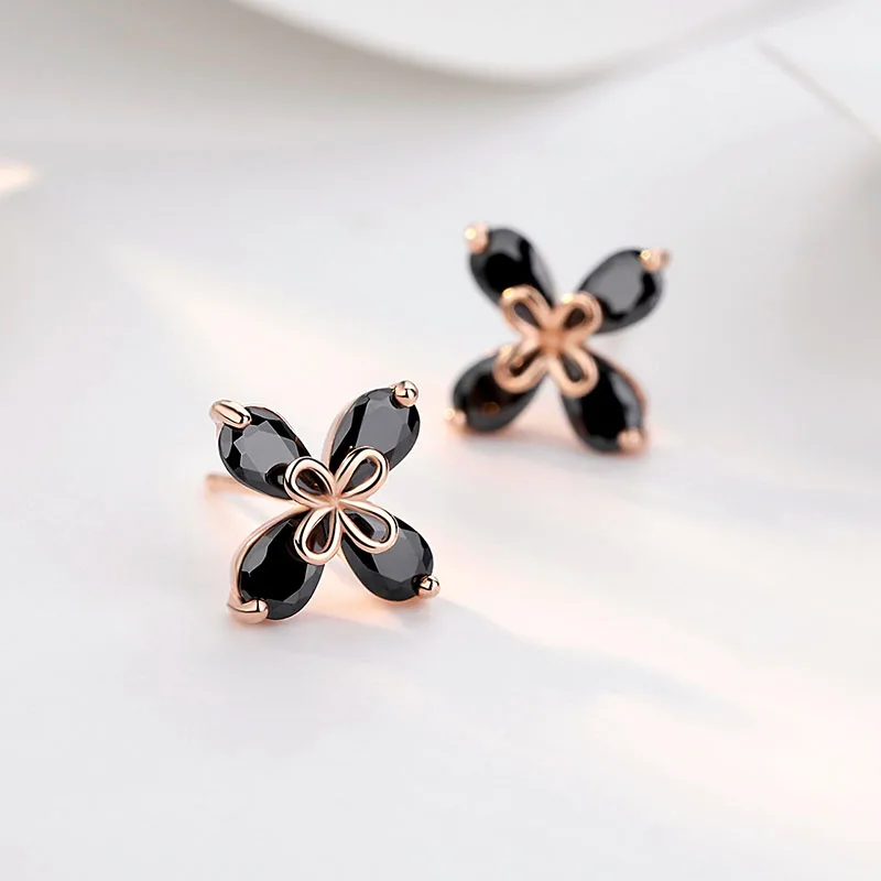 

Dropshipping Agate Cubic Zirconia Stud Earring 925 Silver Jewelry Black Four Leaf Clover Earrings, Silver/gold color