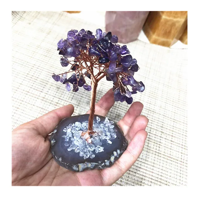 

Wholesale natural polished folk crafts amethyst chips lucky trees crystal healing stones for home decor