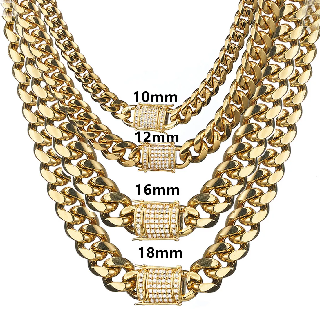 

6-18Mm Latest Stainless Steel Gold And Silver Cuban Chain With White Diamond Buckle Encryption Titanium Steel Miami Necklace, As picture