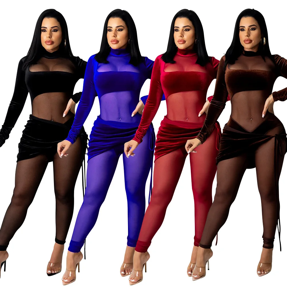 

2022 Fashion Women Sexy Jumpsuit See Through Velvet Mesh Stitching Solid Color Long Sleeve Women's Jumpsuit