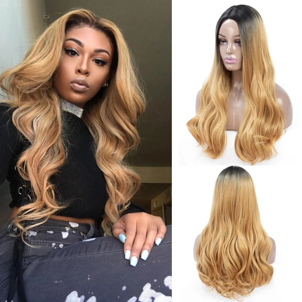 

Long Synthetic Wig Rose Gold Cosplay Women Black Pink 613 Body Wave Ombre Light Brown Blond Middle Part for Black White Short