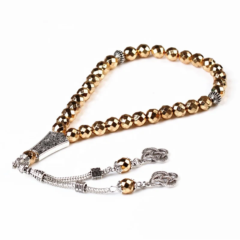 

Gold Plated Face beads Hematite Stone 8MM Tesbih Sibha Islamic Tasbih Prayer Beads 33 Necklace Muslim Rosary