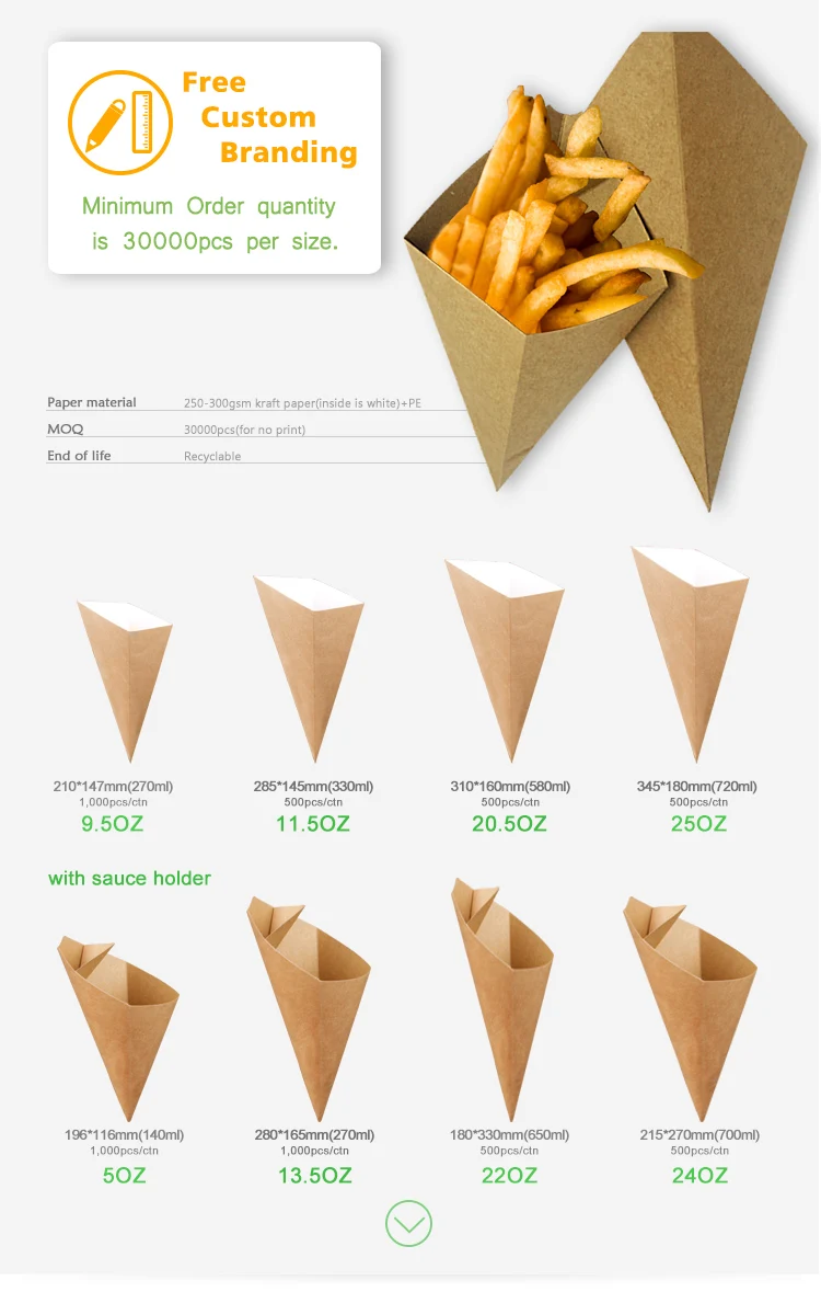 Paper Cone Shape Potato Chips Packaging Box for Fast Food French Fries Food Packaging  Box