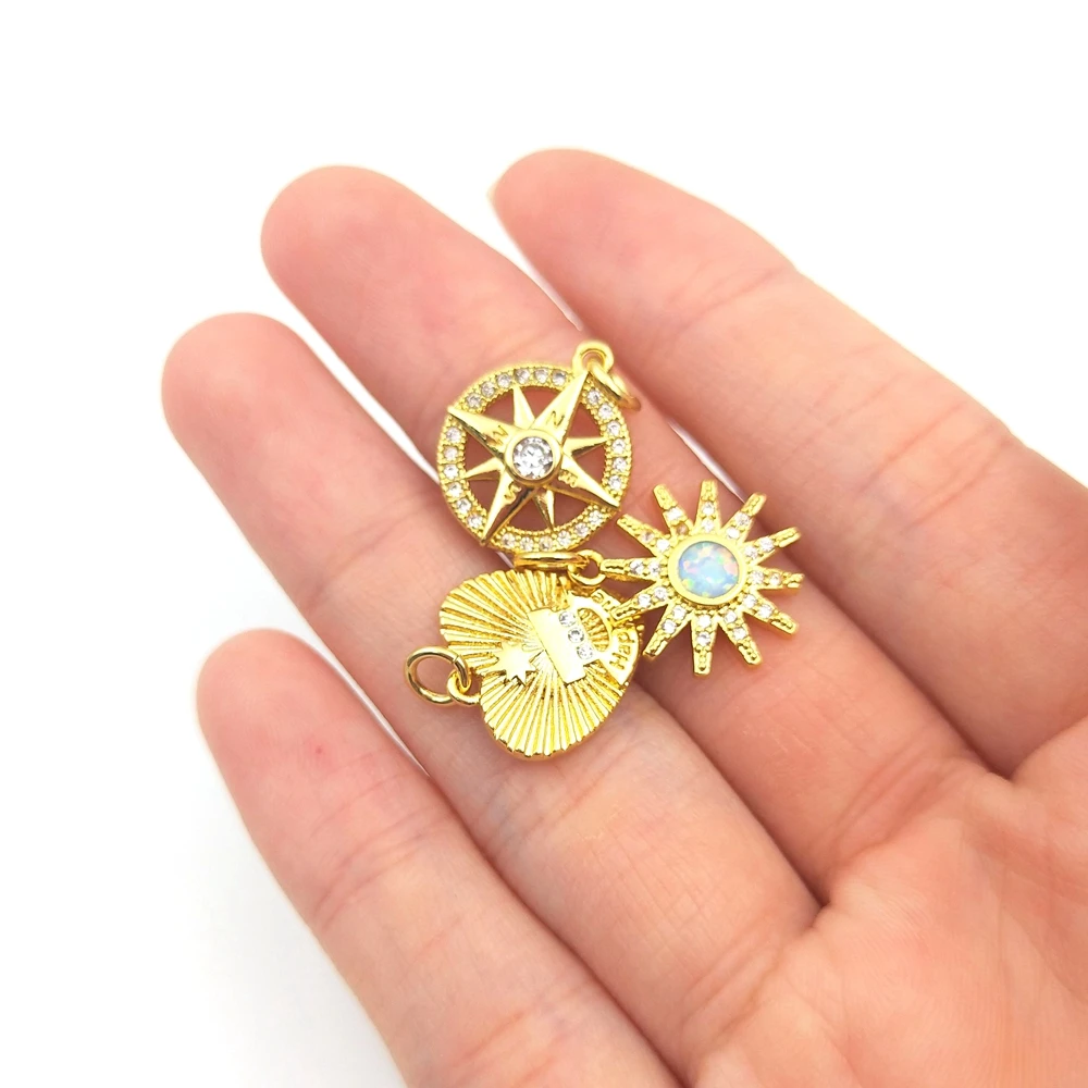 

Small Gold Sun flower connector CZ micro paved finding Heart shape charms round compass Cubic Zirconia Pendant Gold 17mm, Multi color